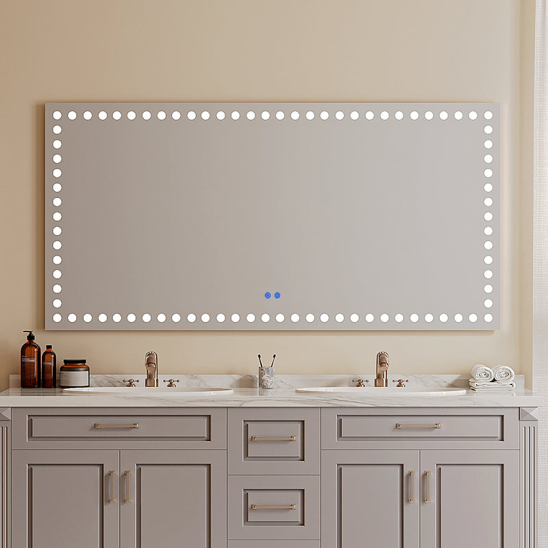 72X36 Inch Led-Lit Bathroom Mirror, Wall Mounted Anti-Fog Memory Rectangular Vanity Mirror With Tri-White Front Circular Light And Touch Sensor Dimmer Switch