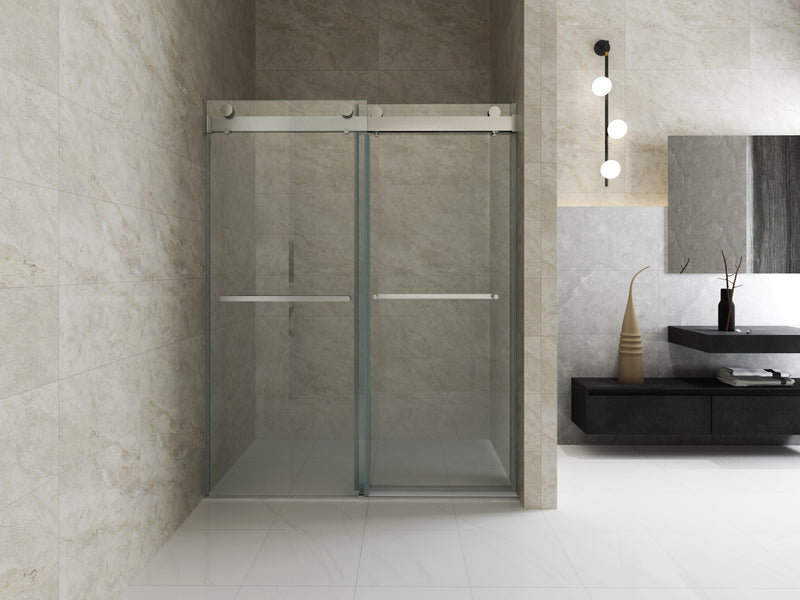 Elan 56 to 60 in. W x 76 in. H Sliding Frameless Soft-Close Shower Door with Premium 3/8 Inch (10mm) Thick Tampered Glass in Chrome 
 23D02-60C