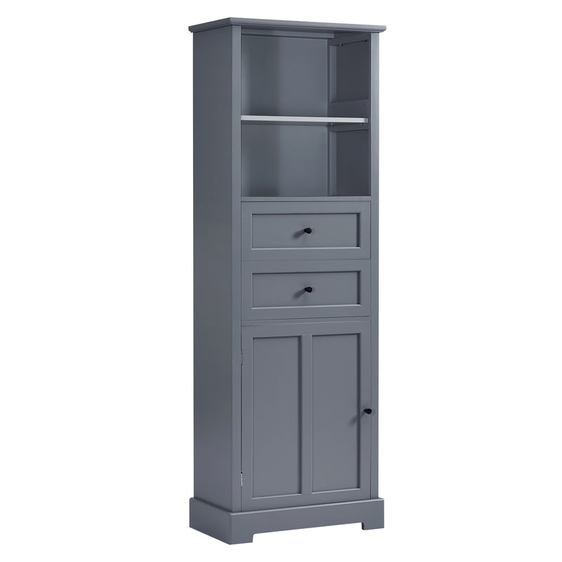 Bathroom Storage Cabinet, Tall Storage Cabinet with Two Drawers, Open Storage, Adjustable Shelf, Grey