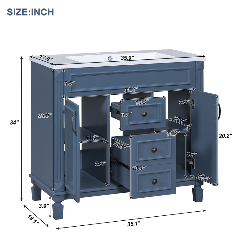 36'' Bathroom Vanity without Top Sink, Royal Blue Cabinet only, Modern Bathroom Storage Cabinet with 2 Soft Closing Doors and 2 Drawers(NOT INCLUDE BASIN SINK)
