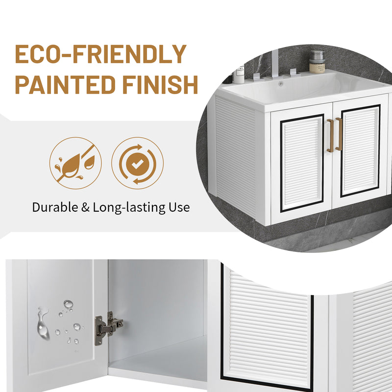 24" Wall Mounted Bathroom Vanity with Ceramic Basin, Two Shutter Doors, Solid Wood & MDF Board, White (One Package)
