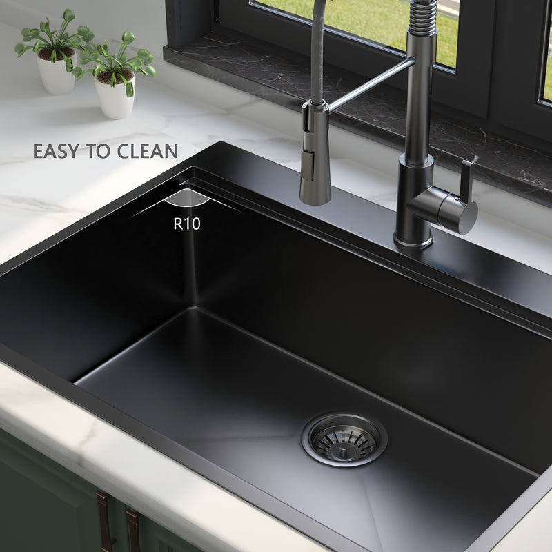 30 Inch Topmount Gunmetal Black Workstation 18 Gauge Stainless Steel Kitchen Sink With Black Spring Neck Faucet