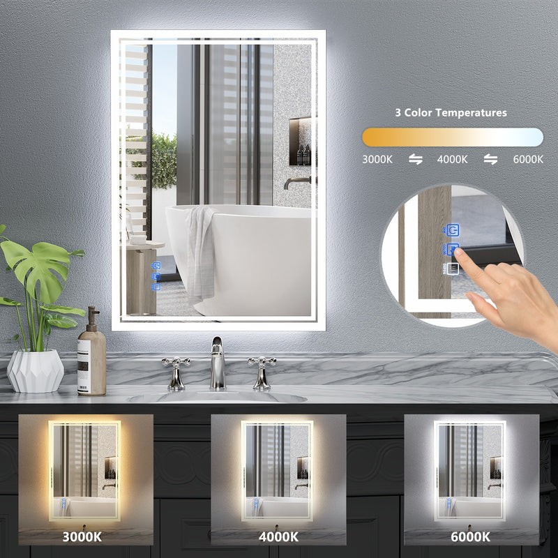 24 x 36 LED Backlit Mirror Bathroom Vanity with Lights, 3 Colors LED Mirror for Bathroom, Anti-Fog,Dimmable,CRI90+,Touch Button,Water Proof,Horizontal/Vertical,Lighted Wall Mounted