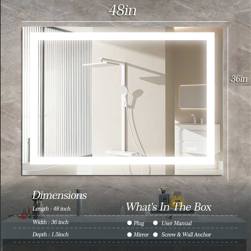 LED Bathroom Mirror 48x 36  Inch with lights, anti-Fog & Dimming Led Bathroom Vanity Mirror