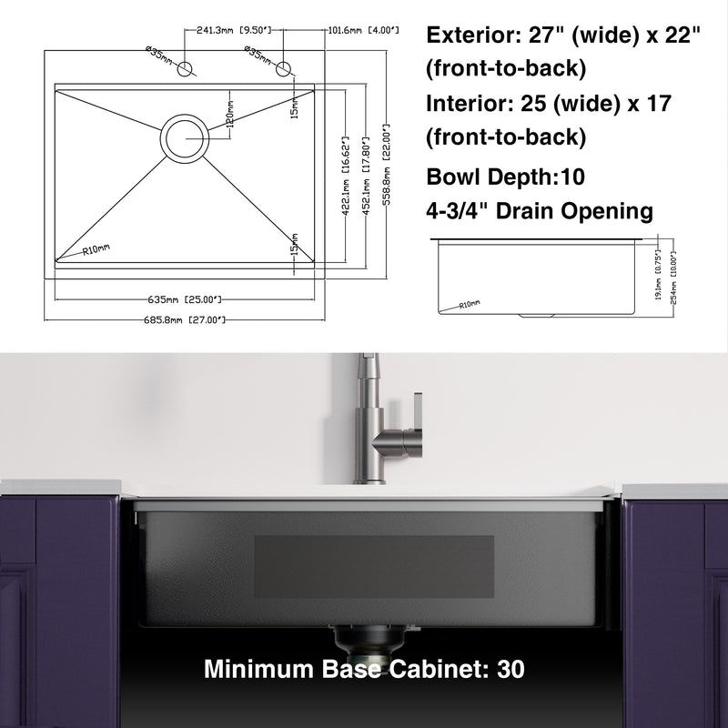 27 Inch Topmount Gunmetal Black  Worksation Kitchen Sink 18 Gauge Stainless Steel Single Bowl Sink With Faucet