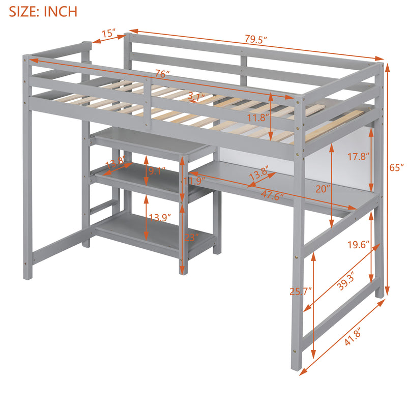 Twin Size Wooden Loft Bed with Shelves, Desk and Writing Board - Gray