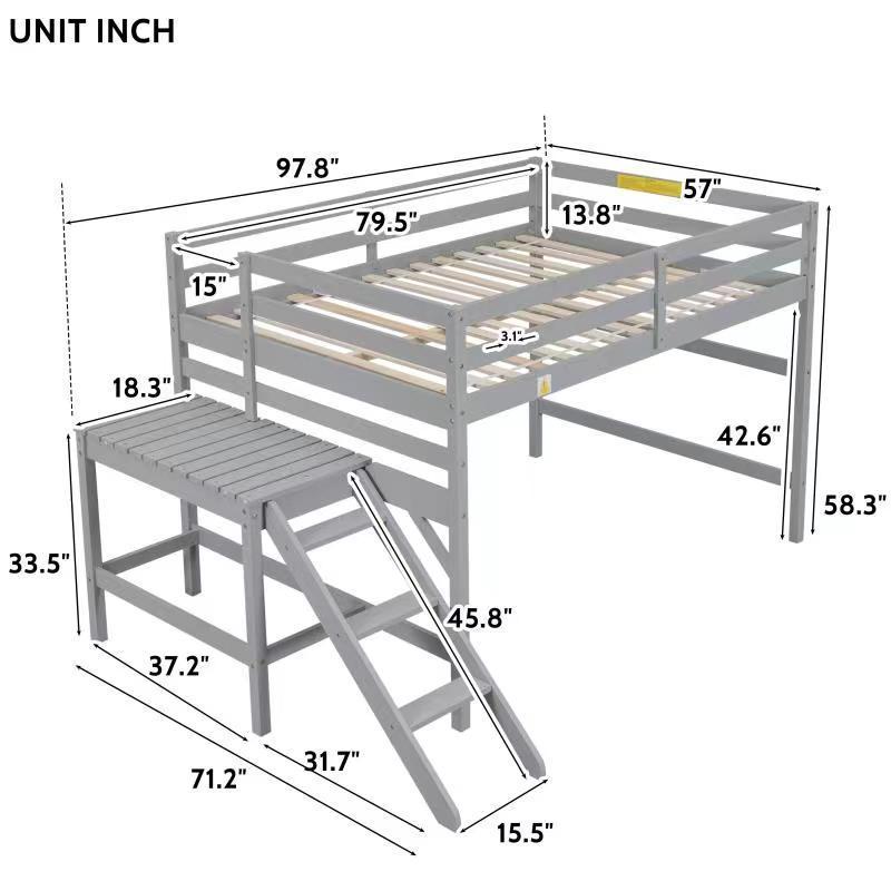 Full Loft Bed with Platform,ladder,Gray