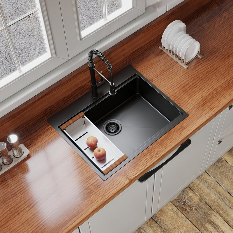 30" x 22" Black Drop In Kitchen Sink,  16 Gauge Stainless Steel Workstation Sink