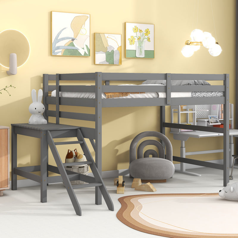 Full Loft Bed with Platform,ladder,Gray