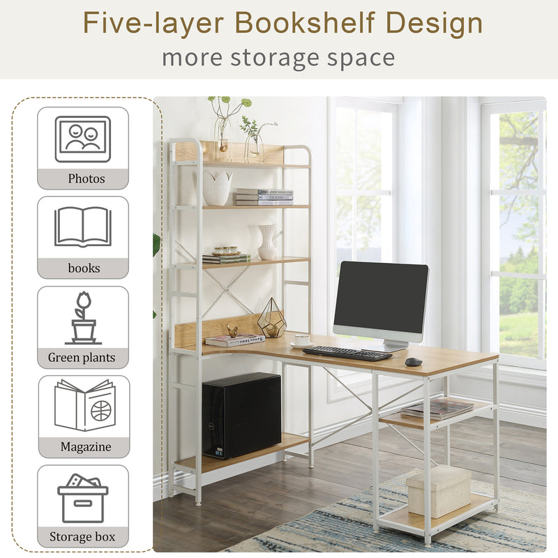 Home Office computer desk——Steel frame and MDF board/5 tier open bookshelf/Plenty storage space