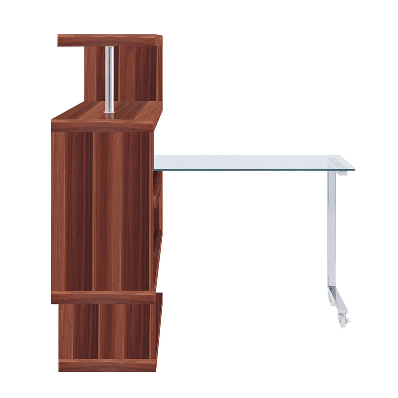 Desk w/Shelf, Clear Glass, Walnut & Chrome Finish