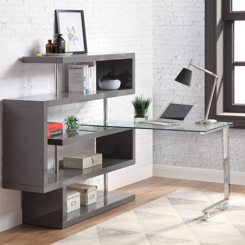 Desk w/Shelf, Clear Glass, Walnut & Chrome Finish