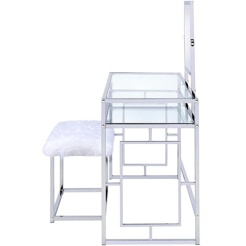Dressing Table Cabinet in White Faux Fur & Chrome