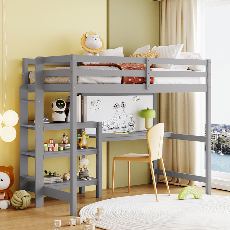 Twin Size Wooden Loft Bed with Shelves, Desk and Writing Board - Gray