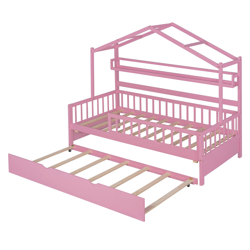 Wooden Twin Size House Bed with Trundle,Kids Bed with Shelf, Pink