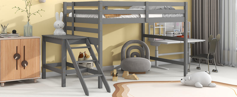 Full Loft Bed with Platform,ladder,Gray