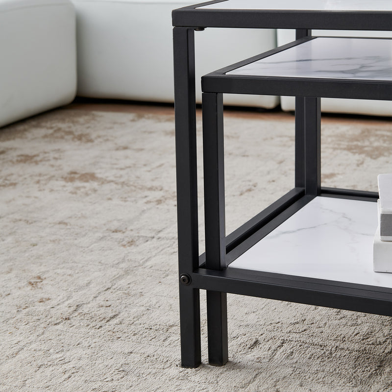 Modern Nesting coffee table Square & rectangle,Black metal frame with wood marble color top