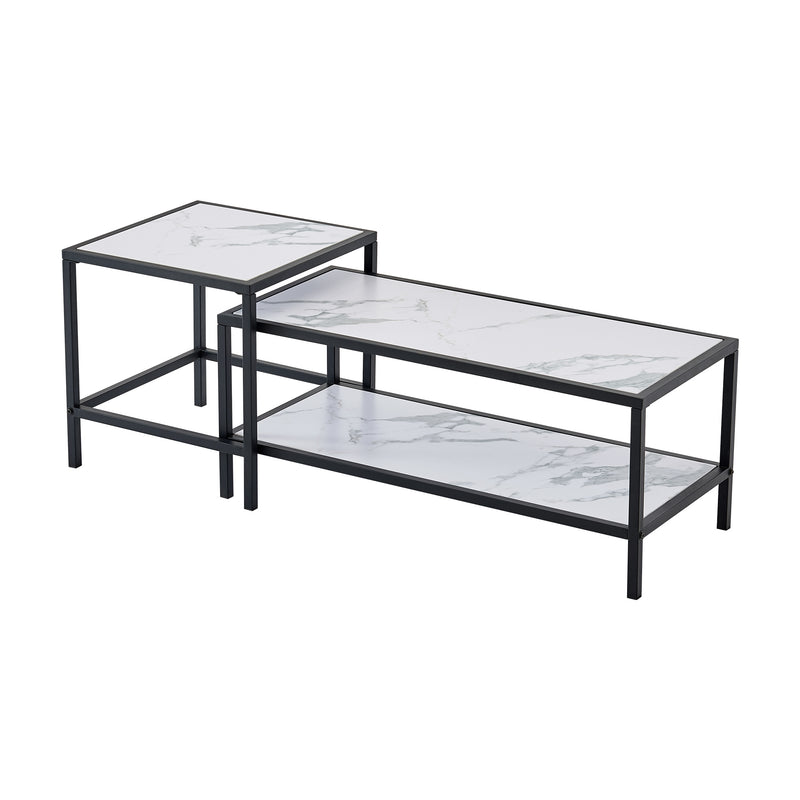 Modern Nesting coffee table Square & rectangle,Black metal frame with wood marble color top