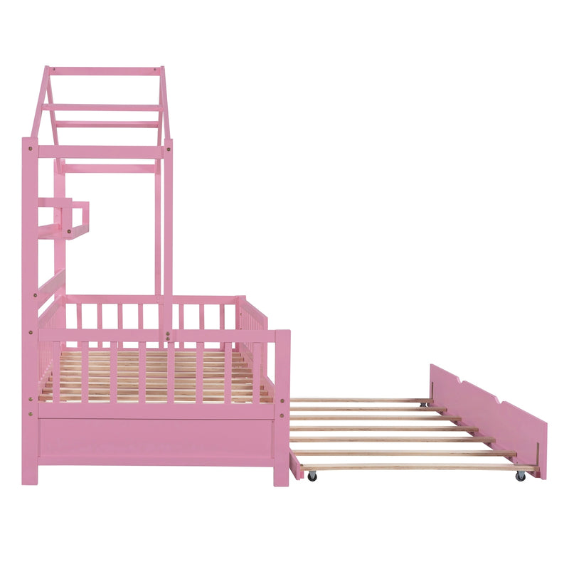 Wooden Twin Size House Bed with Trundle,Kids Bed with Shelf, Pink